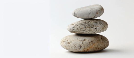Fototapeta na wymiar Balanced stack of rocks on a pure white background creating harmony and zen atmosphere