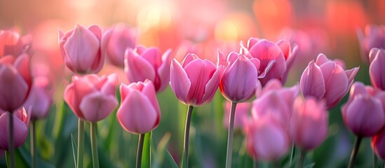 A beautiful bunch of pink tulips, a flowering plant, gracefully grows in a meadow, adding a splash of color to the natural landscape