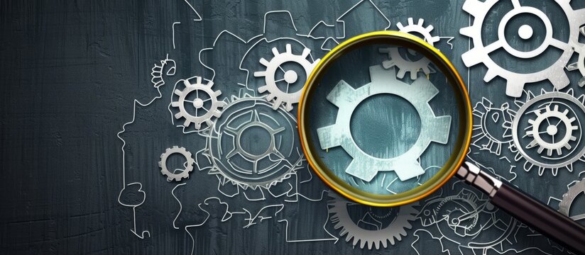 A magnifying glass is placed on a circular drawing of symmetrical gears, creating an artful display of metal and pattern with a fashion accessory vibe