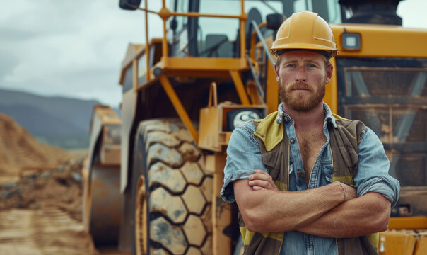 A mining worker posing in front of large dozer