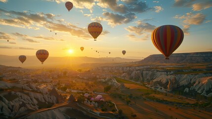 Hot air balloons flying in sunset sky Cappadocia, Turkey - obrazy, fototapety, plakaty