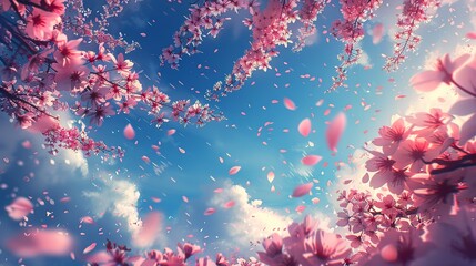 Fototapeta na wymiar Sakura Blossoms Floating on a Sunny Sky