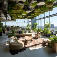 "Botanical Oasis: Spacious Living Area with Plants and Gathering Spaces"