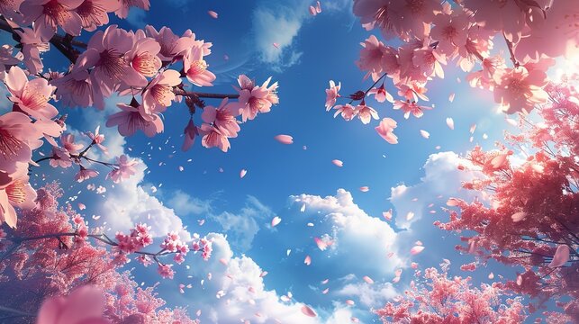 Sakura Blossoms Floating on a Sunny Sky. Vivid digital illustration of pink sakura blossoms with petals floating on a bright blue sky with fluffy clouds. © Thanthara