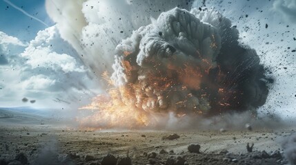Huge explosion, spherical dust cloud, disaster landscape