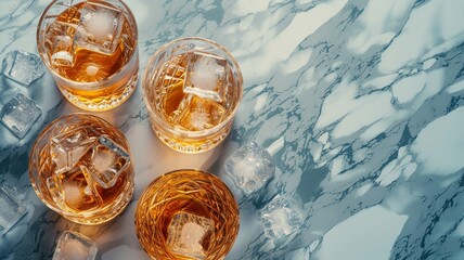 Sophisticated drink arrangement with whiskey glasses and ice on marble surface