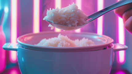 A bowl of aromatic jasmine rice being scooped out of a rice cooker using a ladle.
