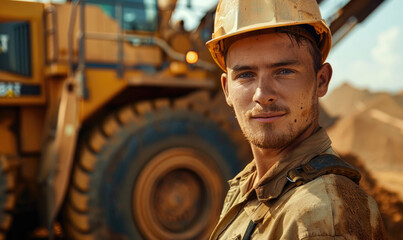 A mining worker posing in front of large dozer - obrazy, fototapety, plakaty