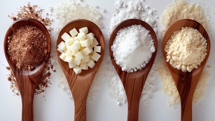 Fototapeta na wymiar Variety of natural sugars displayed in wooden spoons for healthy sweetening alternatives
