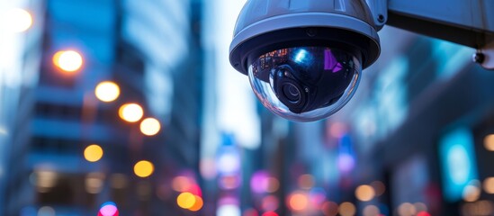 An electric blue security camera is mounted on a pole in a city at night, illuminated by automotive...