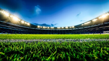 A vibrant soccer field with stadium lights aglow under an evening sky.