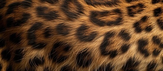 Close up view of a Felidaes fur showcasing its black spots, a natural pattern on its fur. The terrestrial animals snout and sleek fur blend seamlessly