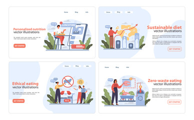 Obraz na płótnie Canvas Dietary Trends Web Banners set. Engaging and informative vector illustrations showcasing personalized nutrition, sustainable diet practices, ethical eating, and zero-waste food habits.