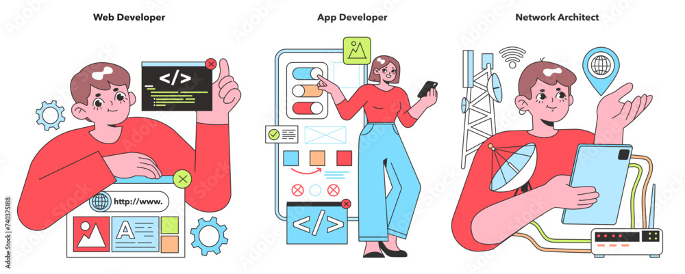 Wall mural Illustration of tech experts, featuring a focused Web Developer, a creative App Developer, and a strategic Network Architect, embodying the digital world's evolution - Wall murals