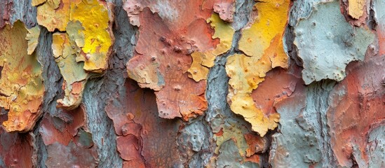 A close up of a tree trunk reveals a beautiful display of multicolored bark, resembling a work of...