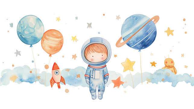 watercolor style cartoon illustration of a boy who became an astronaut  