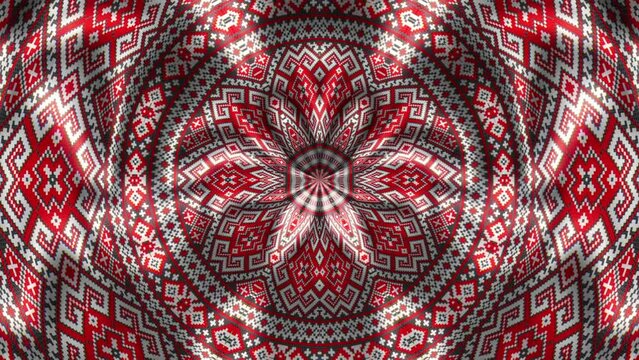 Red Ukrainian embroidery ornament in rotating kaleidoscope mandala, folk pattern seamless VJ loop for stage