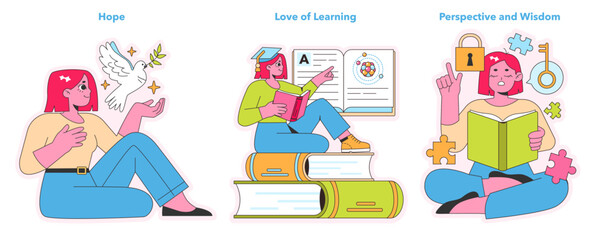 Character Strengths trio. Vector illustration.