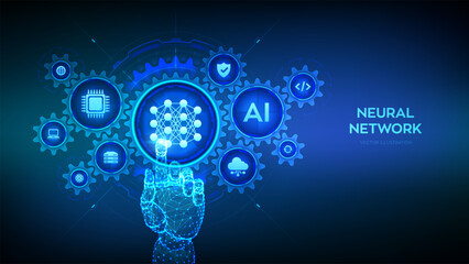 Neural network concept. AI Artificial Intelligence. Machine Learning. Deep learning. Big data analysis. Wireframe hand touching digital interface with connected gears cogs, icons. Vector illustration.