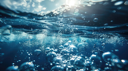 Underwater bubbles and ocean surface with light streaming through the water
