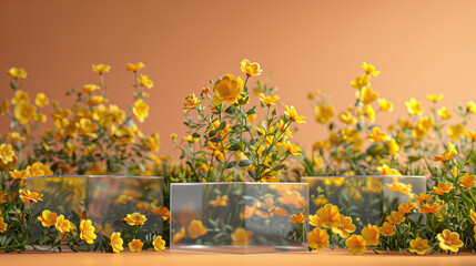Three transparent geometric blank podiums decorated with yellow flowers
