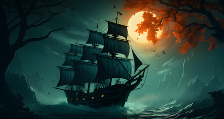 a pirate ship in the dark of night with moon