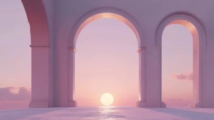 Poster Surreal pastel scene with moonrise over arches in a dreamy landscape © nur