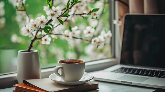 Rainy Day Brew: Enjoying Coffee by the Window Amidst Flowering Rain Seamless looping 4k time-lapse virtual video animation background. Generated AI