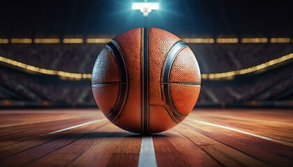In a realistic image of a basketball on a hardwood court, dramatic lighting accentuates the intensity of the sport. Against the polished surface of the court, the basketball stands out, ready   - Powered by Adobe