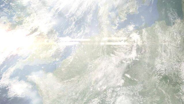 Earth zoom in from space and focus on Coesfeld, Germany. 3D Animation. Satellite view. Background for travel intro. Images from NASA
