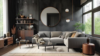 Composition of modern elegant living room with aesthetic setting 