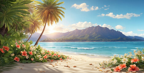 views of the sunny beach with the surrounding hills, palm trees and beautiful flowers, sparkling sunlight