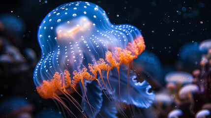 A detailed closeup of a jellyfish showcasing its mesmerizing pulsating rhythm and unique tentaclelike structures.