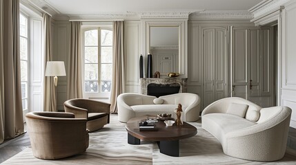 Fototapeta na wymiar Composition of modern elegant living room with aesthetic setting 