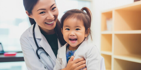 Caring Pediatrician Examining Sick Child in Clinic: Doctor, Patient, Medicine, Pediatrician, Child, Hospital, Clinic, Medical, Kid, Health, Girl, Care, Person, Nurse, Stethoscope.