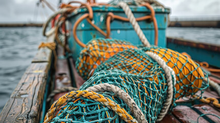 Bunch of abandoned fishing nets and ropes lying around on pier
 - Powered by Adobe