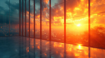  Modern office background with sunset over urban skyline viewed from modern glass building.