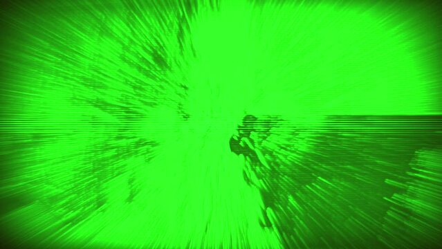 Television screen with a green background and fast moving dark images with bright ray lights