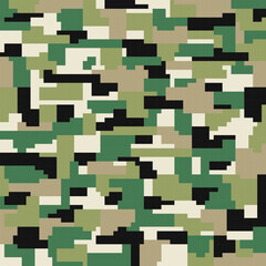 Military camouflage seamless pattern. Green and brown color pixel art camouflage background. Vector illustration.