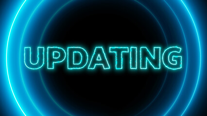 Neon sign with word updating glowing in blue light on a dark background.