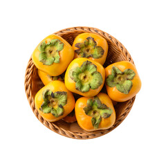 Fresh persimmon fruit in natural basket, Autumn seasonal fruit, Top view