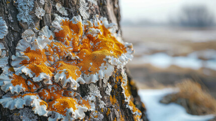 Close up of lichen squamulose growing on the north side of a tree trunk
