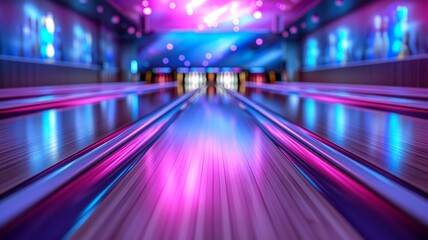 Neon lights cast vibrant glows on bowling alley lanes during cosmic play - obrazy, fototapety, plakaty