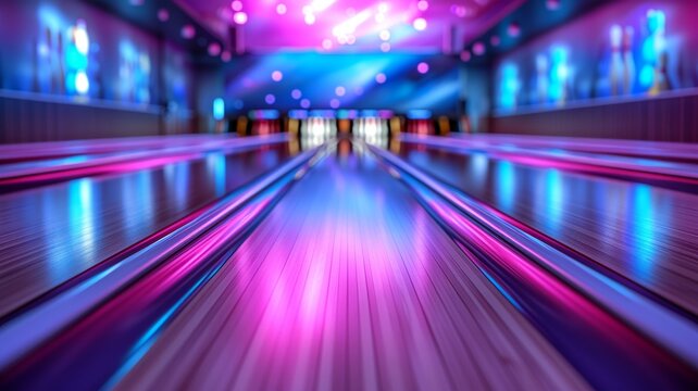 Fototapeta Neon lights cast vibrant glows on bowling alley lanes during cosmic play