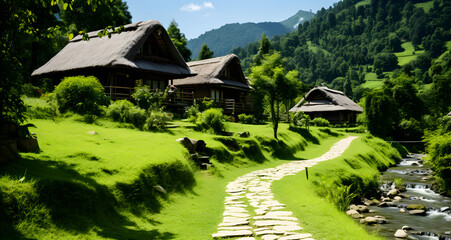 a small stone pathway with grass in front of an alpine cottage