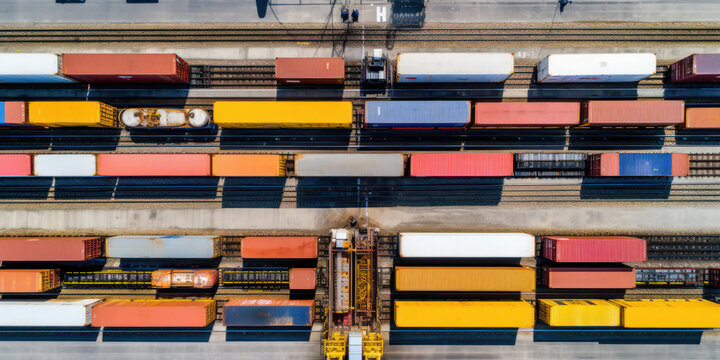 Industrial Traffic: Aerial View of Urban Freight Transportation Station with Cargo Trains and Shipping Containers