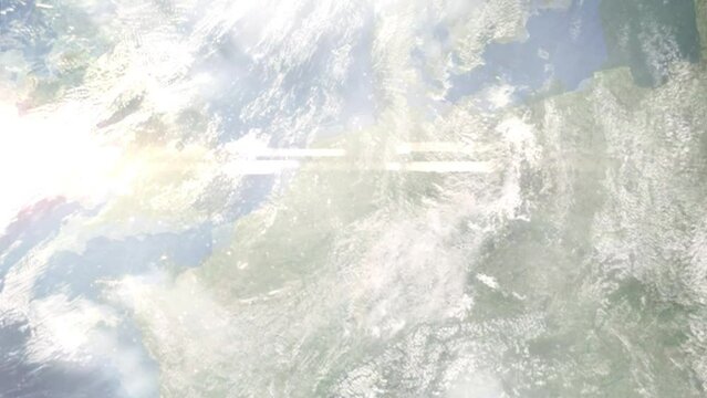 Earth zoom in from space and focus on Datteln, Germany. 3D Animation. Satellite view. Background for travel intro. Images from NASA
