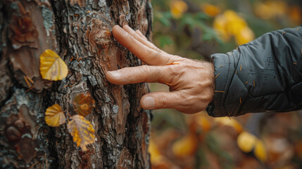 A man's hand touching the trunk of a tree
