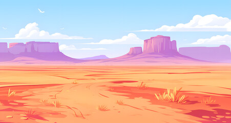 a cartoon desert scene with hills road and desert grass