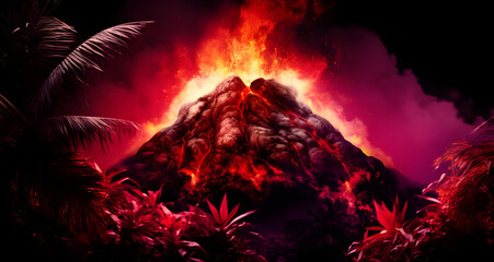 a volcanic mountain surrounded by forest plants on a black background